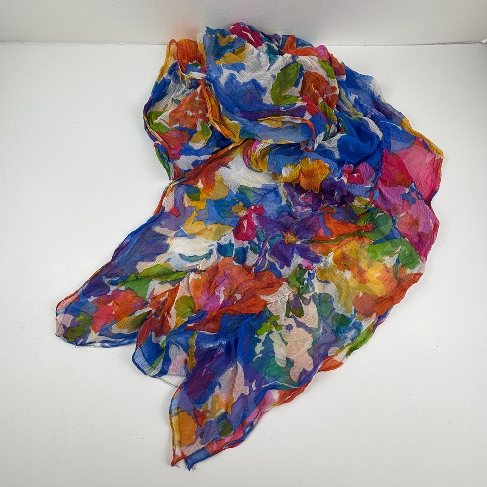 Vibrant Floral Silk Scarf Shawl Wrap Blue Pink Orange Yellow Accent Dopamine - Picture 1 of 7